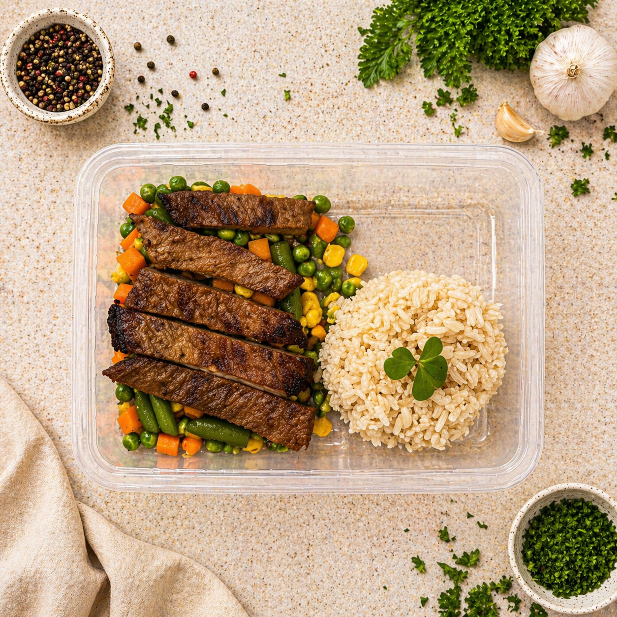 Steak, Brown Rice & Mixed Veg
